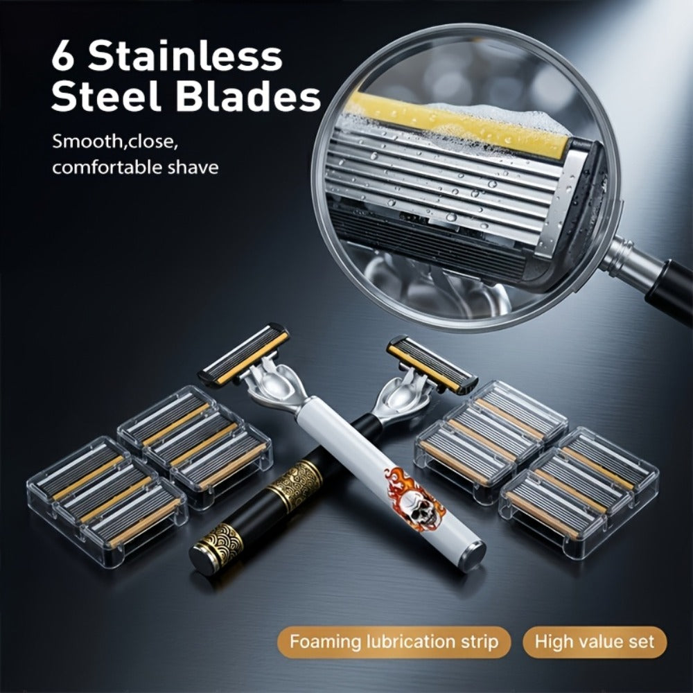 Men's Manual Razor Set with Stainless Steel Replacement Blades - Reusable Handle & High-Capacity Blade Kit for Smooth, Close Shave, Precision Grooming