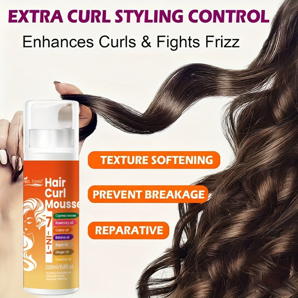 Hair Curl Mousse 7-in-1 Natural Oil Blend Long-Lasting Hold - Deep Moisturizing Smoothing Curl Defining Foam Rosemary Castor Coconut Oil Wavy Curly Hair Women Men 6.76oz