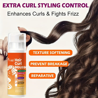 Hair Curl Mousse 7-in-1 Natural Oil Blend Long-Lasting Hold - Deep Moisturizing Smoothing Curl Defining Foam Rosemary Castor Coconut Oil Wavy Curly Hair Women Men 6.76oz