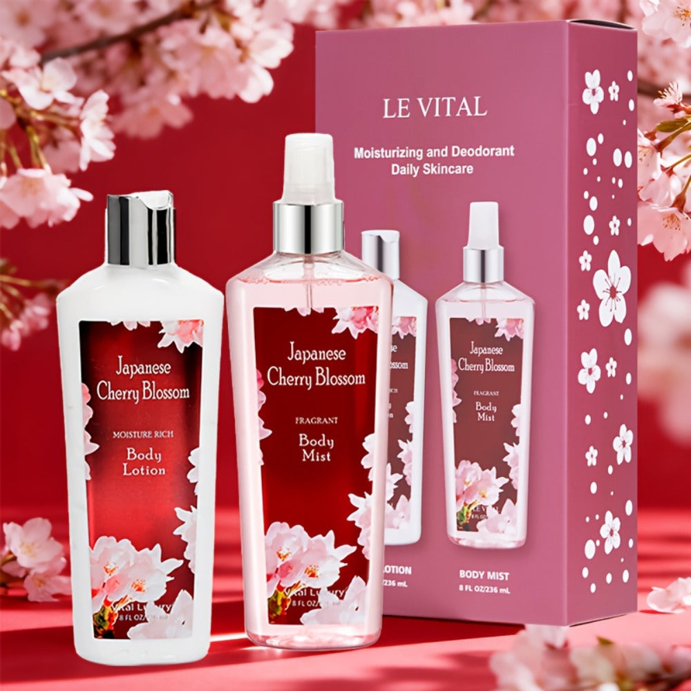 Cherry Blossom Fragrance Bath & Body Set | Body Lotion 8oz + Body Spray 8oz | Softens Skin, Retains Fragrance, Moisturizes And Refreshes. Suitable For All Seasons. A Thoughtful Valentine'S Gift For Mom, Wife, Sister Or Girlfriend!