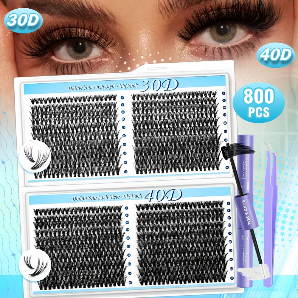 Glue/800pcs Wispy Lash Clusters Set 30D 40D Mixed Length 8-16Mm, Eyelash Extension Kit with 2-In-1 Bond & Seal Glue And Lash Tweezers, Long-Lasting Natural Fluffy Packaging Random Lashes for Everyday Wear, Travel & Events