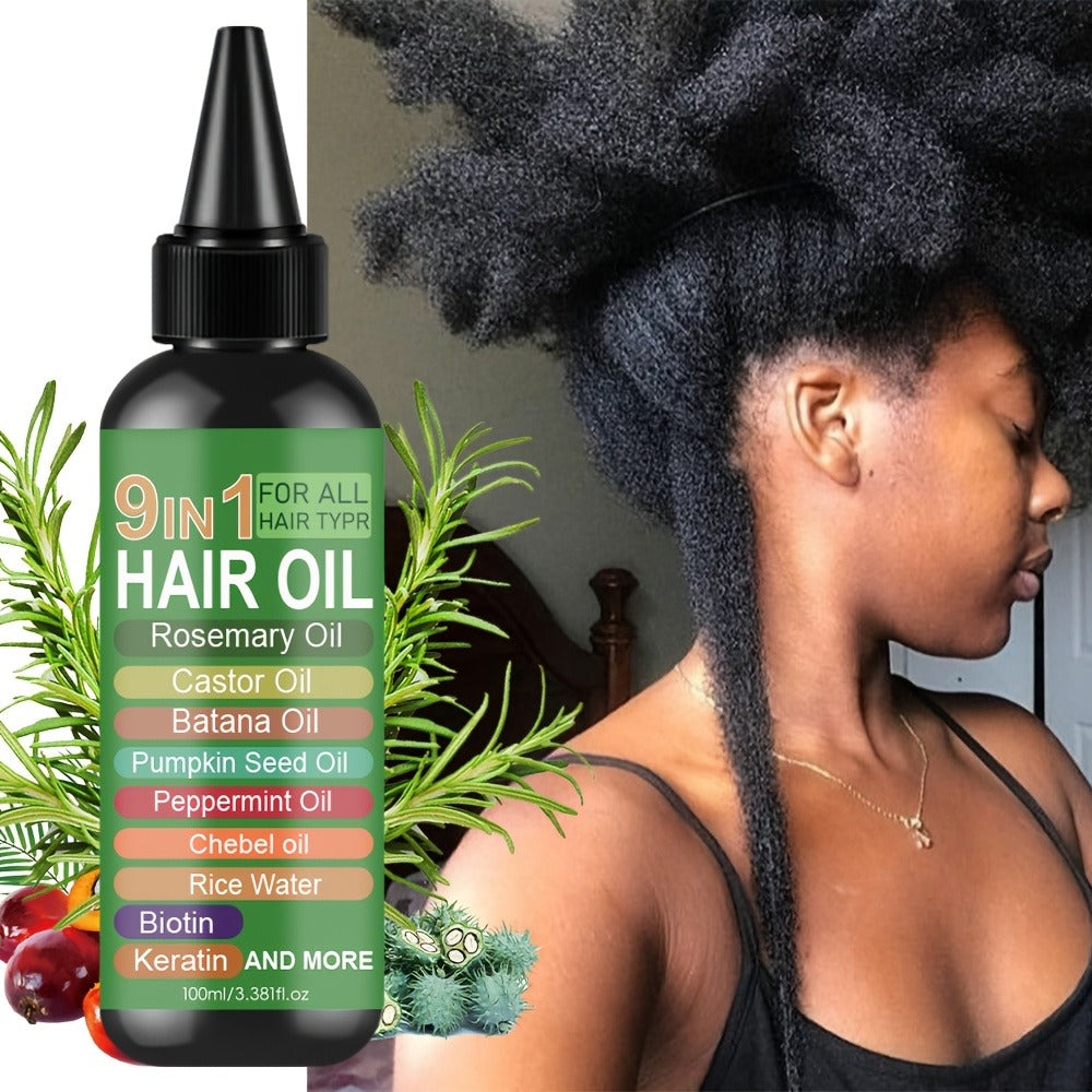 Rosemary Hair Oil 9-in-1 100ml — Rice Water, Castor, Batana, Biotin & Keratin Blend, Moisturizing Smoothing Split End Repair Hair Oil for All Hair Types