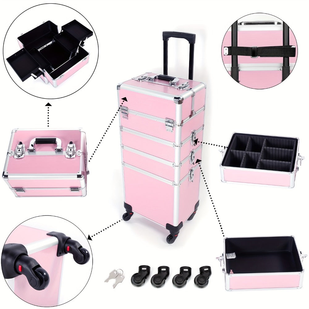 [With Wheels] 4in 1 Aluminum Cosmetic Professional Makeup Case Tattoo Box, Extra Large Cosmetic Case Rolling Makeup Case Trolley Makeup Travel Organizer with 360° Swivel Wheels Pink Black