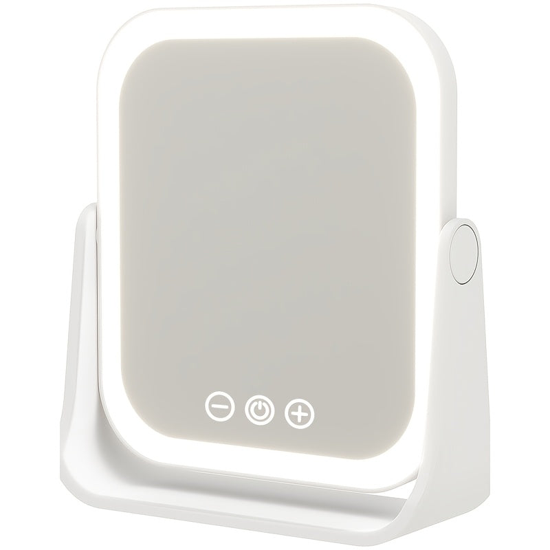 LED Makeup Mirror Folding with Touch Screen - USB Rechargeable Portable Vanity Mirror, Tri-Color Dimmable Lighting, Travel Desk Tabletop Use, Square or Round, Pink or White