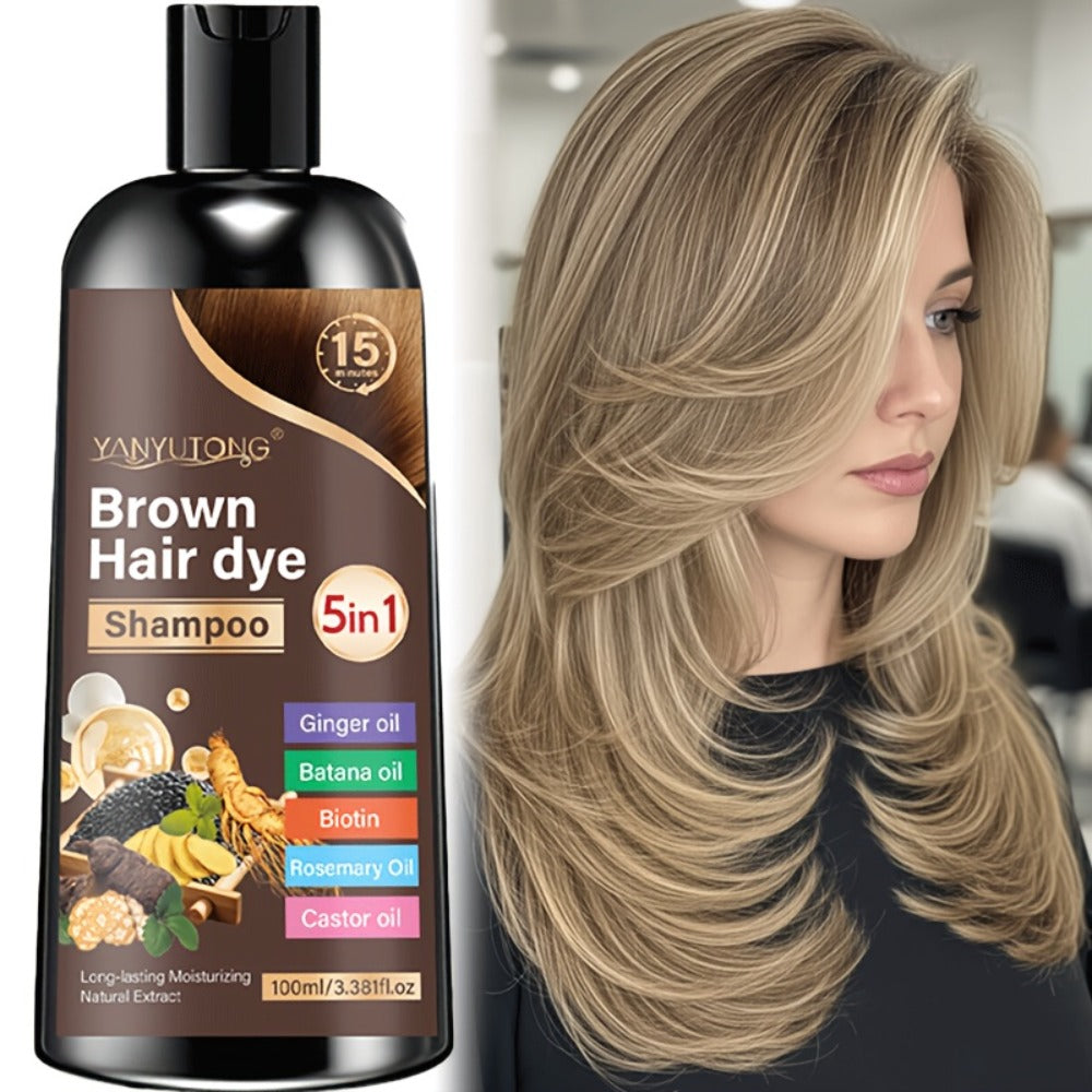 Hair Dye Shampoo 5-in-1 with Ginger Oil Biotin Rosemary Castor Oil | Gentle Gray Coverage Color Shampoo | Quick Coloring for Black Brown Chestnut Brown