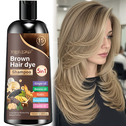Hair Dye Shampoo 5-in-1 with Ginger Oil Biotin Rosemary Castor Oil | Gentle Gray Coverage Color Shampoo | Quick Coloring for Black Brown Chestnut Brown