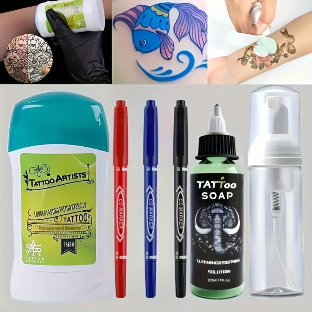 6pcs Temporary Tattoo Transfer Kit with 60g Ink Gel& 1.01oz Green Soap Solution- Complete Tattoo Art Set with Red, Blue& Black Markers, Easy Application for Beginners& Professional Artists, Travel-Friendly Tattoo Supplies