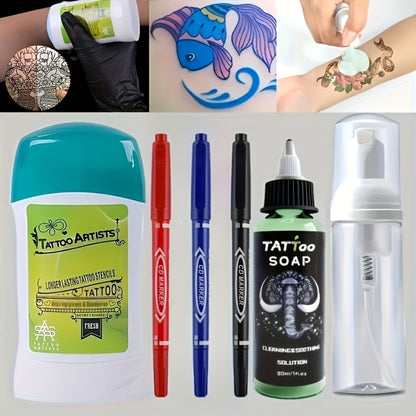 Temporary Tattoo Transfer Kit with Ink Gel Green Soap Solution Stencil Markers Complete Tattoo Art Set for Beginners and Professional Artists 6 Piece and 12 Piece Travel Friendly Tattoo Supplies