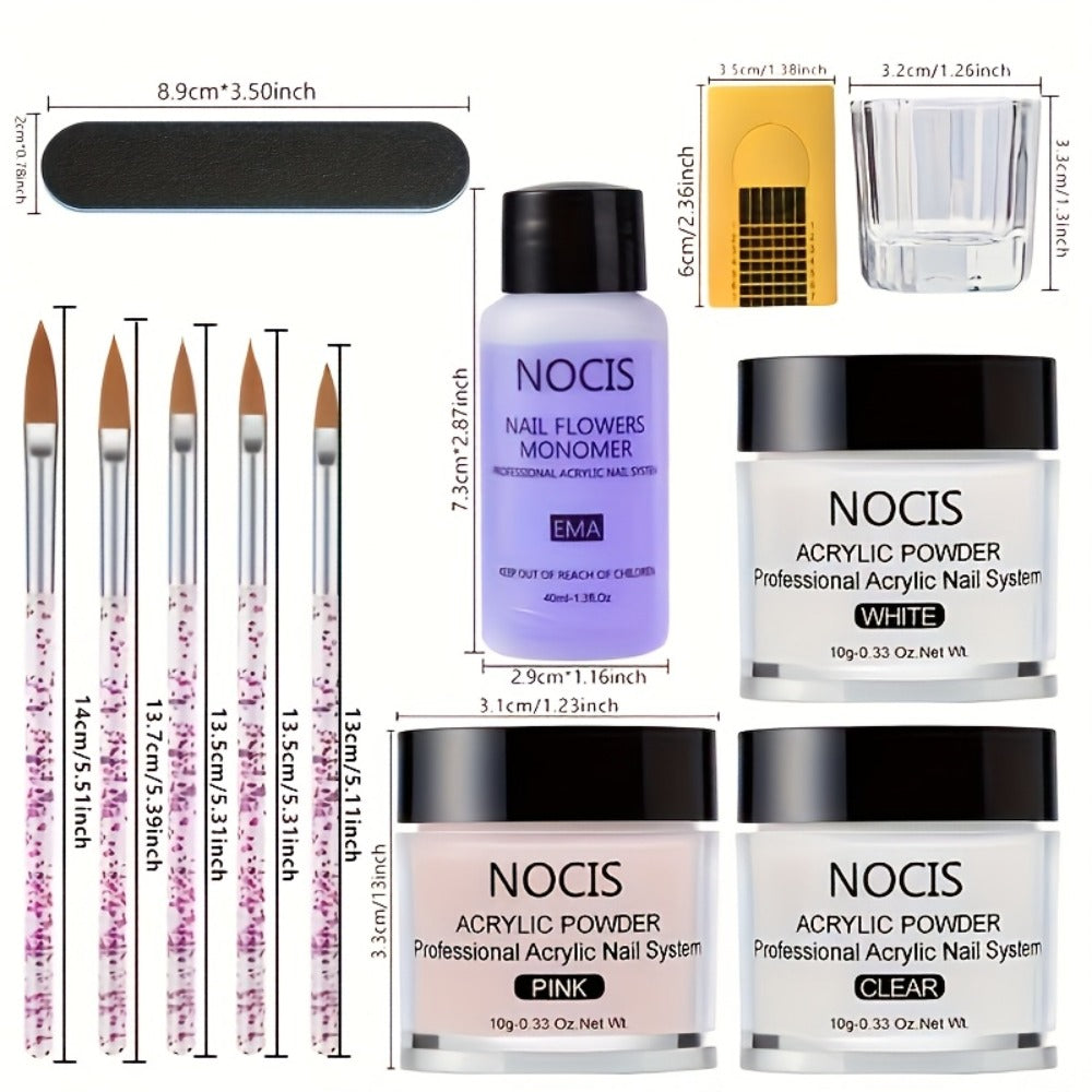 NOCIS Nail Art Kit: Clear White Pink Acrylic Powder, Liquid Monomer And Brush Set for Extensions, Carving And Manicure - Perfect Gift for
