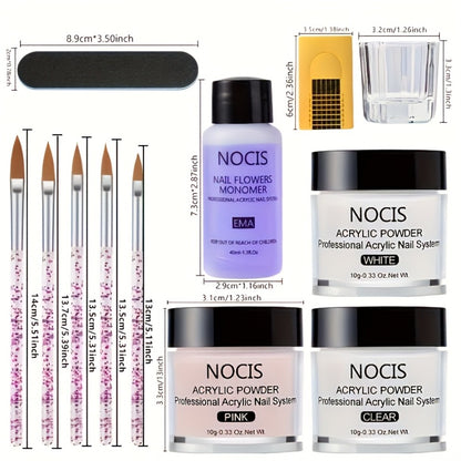 Acrylic Nail Powder & Liquid Monomer Kit - Clear White Pink 3-Color Powder Extension Set with Brush for Nail Extensions Carving Manicure Gift Set
