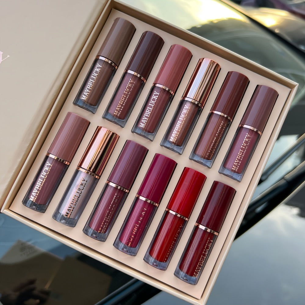 Velvet Matte Liquid Lipstick Set 12 Pcs - Book Style Gift Box, Long-Lasting Non-Transfer Shimmer & Nude Shades, Perfect Christmas & Valentine's Day Gift for Women