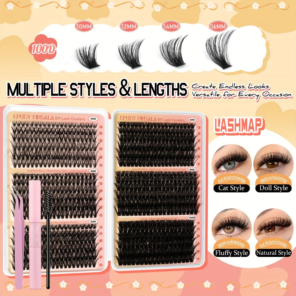 Lash Clusters Kit 708pcs 8-16Mm Mixed 30D-100D Lashes Clusters Kit with Glue, Tweezers And Brush, Mega Volume Cluster Lashes for Natural Or Dramatic Eye Makeup, Soft Reusable Eyelash Clusters Kit for Long Lasting Salon Style Look Easily at Home