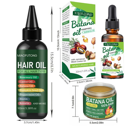 Bataina Hair Oil 3-Piece Set | Cold-Pressed Biotin Hair Oil + Essential Oil + Conditioner | Strengthens Prevents Breakage Split Ends Enhances Shine | All Hair Types
