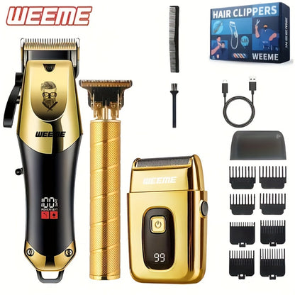 Hair Clipper Gift Set for Men — WEEME USB Rechargeable Kit with Electric Razor, T-Blade Trimmer & 8 Limit Combs, 2/3-Piece Set in Golden, Blue & Black, Valentine’s Day & Birthday Gift