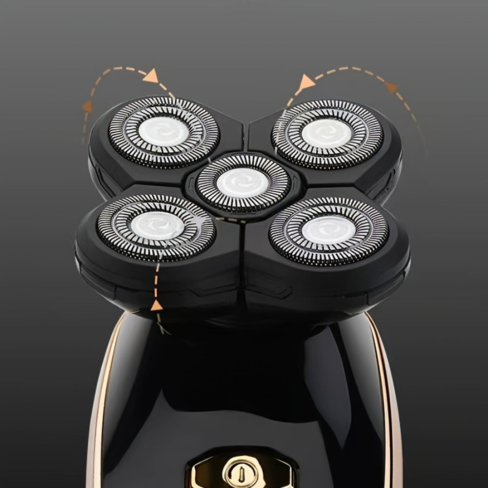 5-in-1 Premium Electric Shaver Kit for Men - Wet/Dry Rotary Shaver with Digital Display/ No Display Function for Bald Head, Beard, Nose, Ear, Body Grooming with Rechargeable Cordless Design, Face Cleaning Brush, And Travel Bag - Ideal Gifts for Him