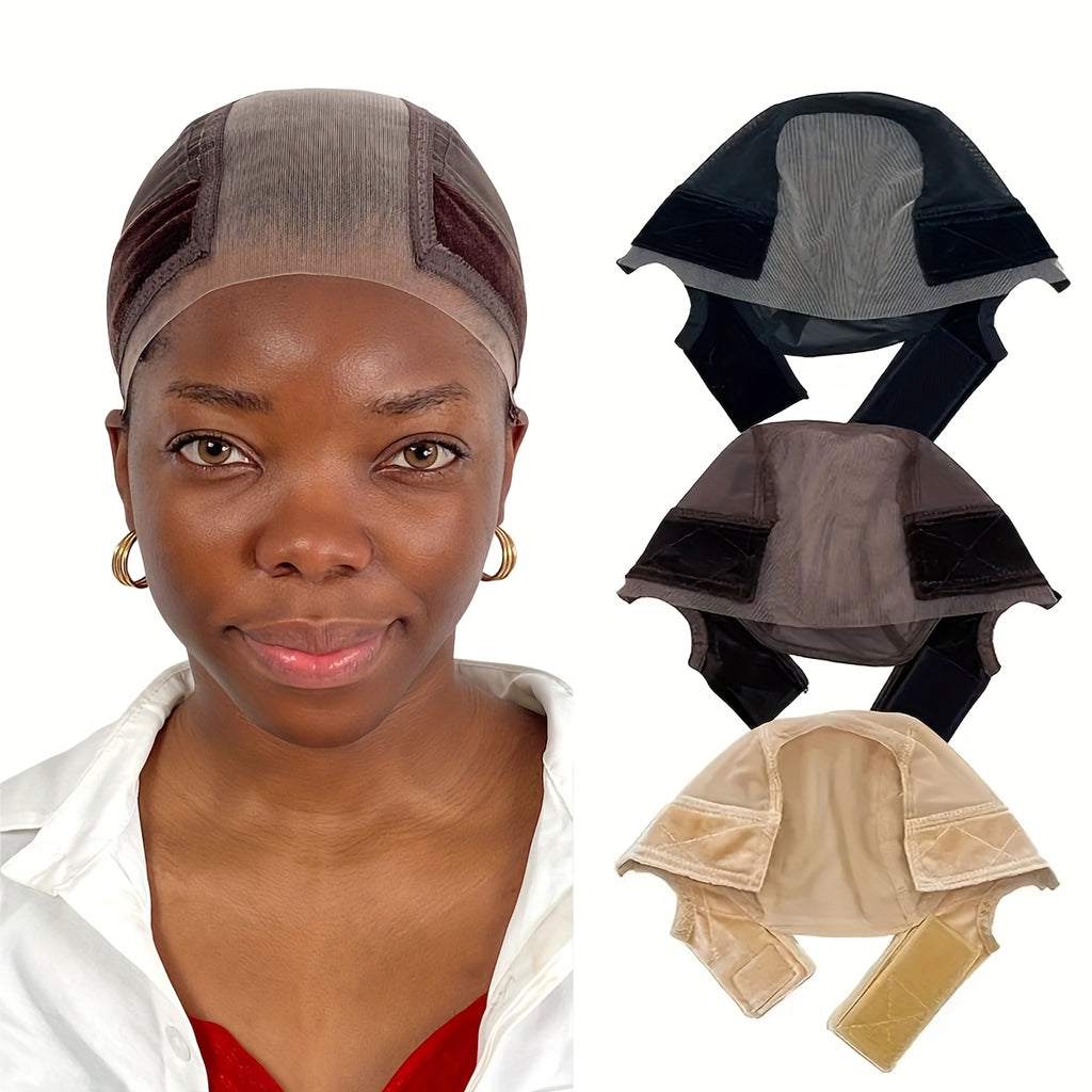 2pcs Glueless Wig Caps Suitable for Lace Front Wigs - Transparent Wide Lace Non-Slip Cap with Grip Band, Brown/Black/Nude Full Coverage Wig Holders for, Compatible for Wig Glue Application (No Glue Required)