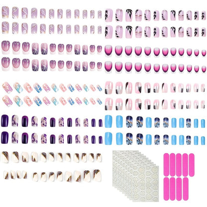 Ombre Press On Nails 216 Pieces 9 Packs - Medium Square Fake Nails | White French Tips Marble Colorful Gradient Designs, Trendy Full Cover False Nails for Women Girls Party Nail Art Set