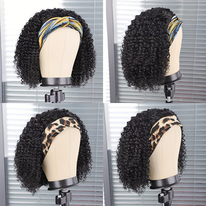 Headband Wig Human Hair Short Curly Pixie Cut Wig No Glue Natural Black Beginner Friendly Glueless Wear and Go Wig for Women 14 Inch