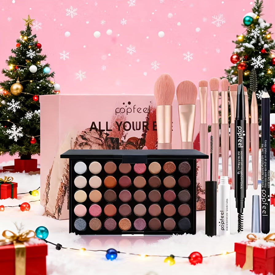 POPFEEL All-in-One Full Face Makeup Kit with Brush - Complete Beauty Set, Berry & Neutral Foundation, Blush, Eyeshadow Palette & Mascara Suitable for Gifts or Personal Use, Comprehensive Powder-Based Makeup Collection