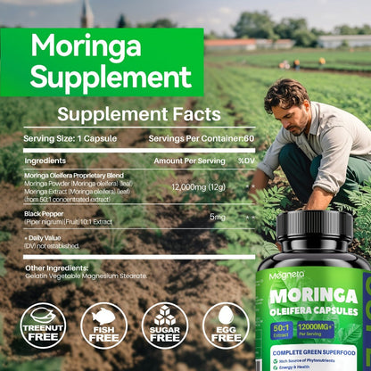Moringa Capsules 12000mg - Organic Moringa Powder Supplement for Immune Support, Skin Health & Natural Energy - Antioxidant-Rich Green Superfood for Women & Men, 60-180 Capsules