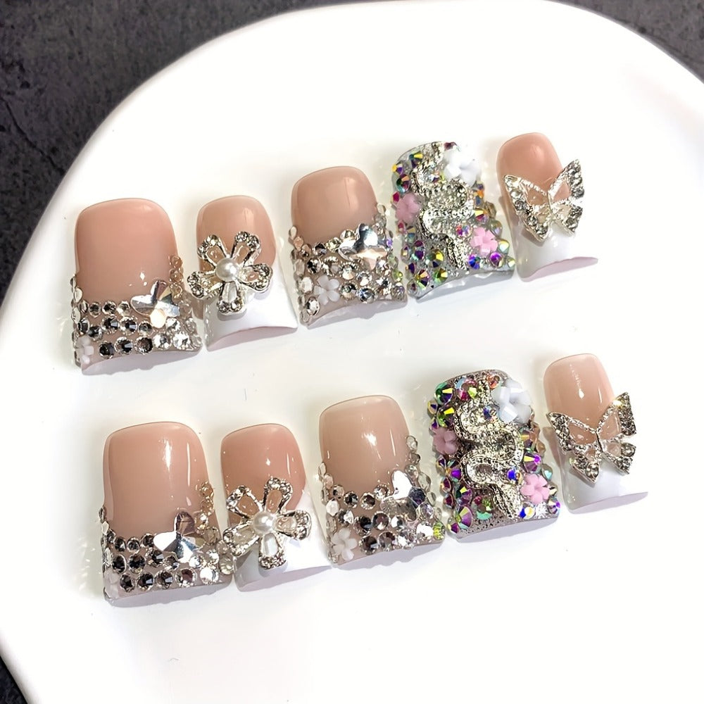10pcs Ugly Cute Duckbill White French-Style Press-On Nails with Colorful AB Nail Art Accessories,, and Floral Elements, Handmade Full-Cover Press-On Fake Nails, Suitable for Daily Use, Parties, and Birthday Gifts