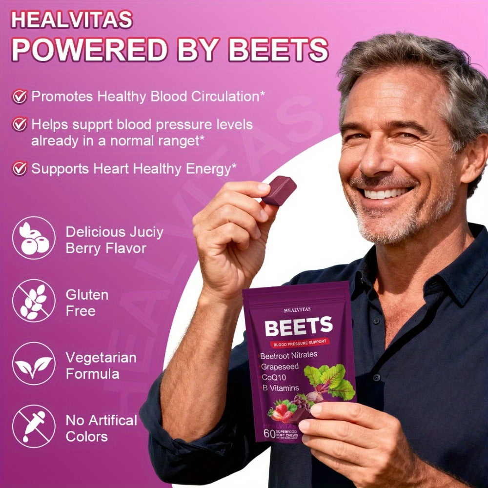 Super Beets All-in-One Beet Root Gummies & Chews - Beet Powder with Vitamins B12/B6, CoQ10 & Grapeseed - Heart Health Support, Blood Pressure Health Supplement, Blood Flow Booster - Chewable Vitamins for Blood Pressure Support 1pc/2pcs/3pcs