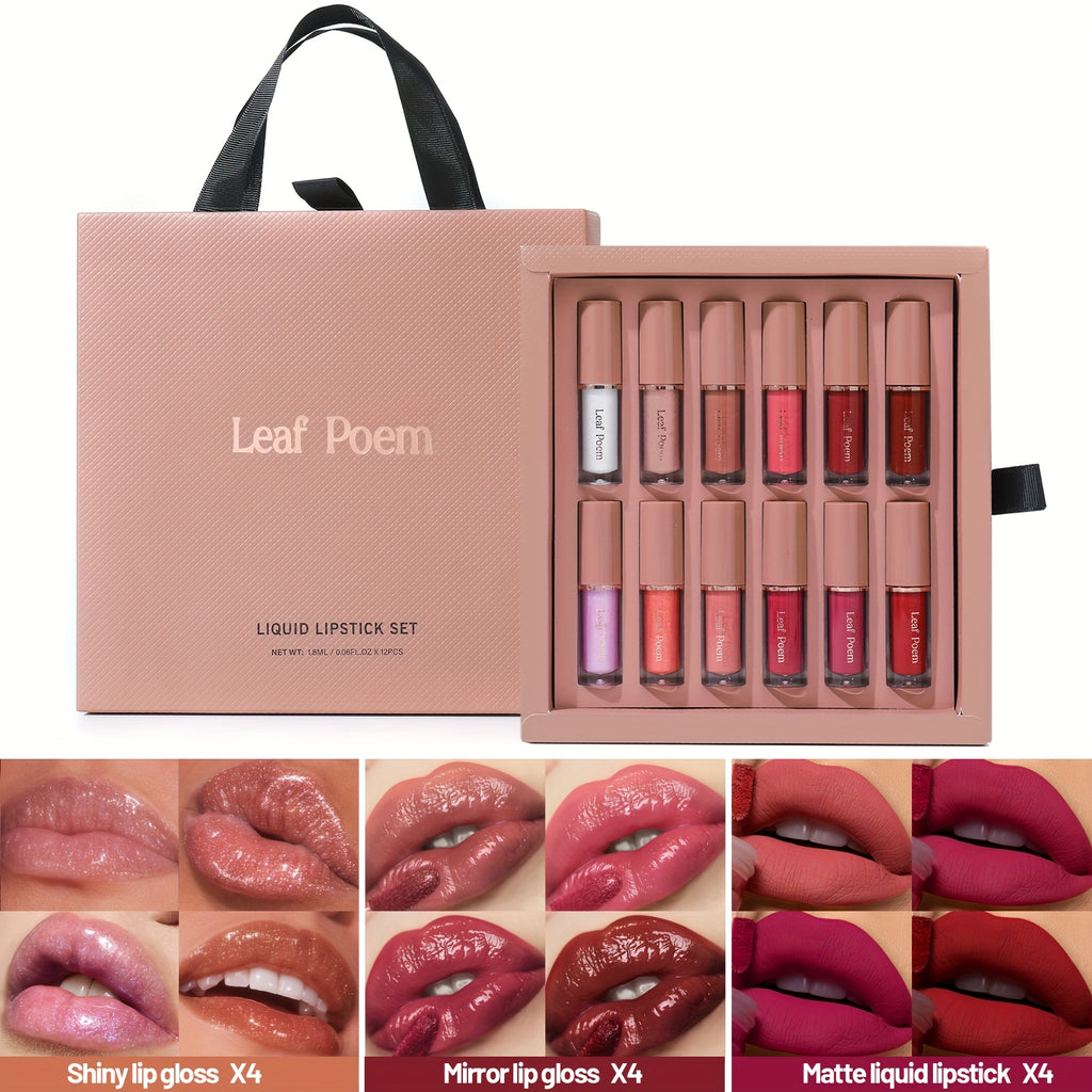 12pcs Set Of Mirror Matte Lip Gloss Set, Long-lasting Waterproof Lip Gloss, Velvet Matte Texture Lipstick, Long-lasting Beauty Solution, Perfect Gift