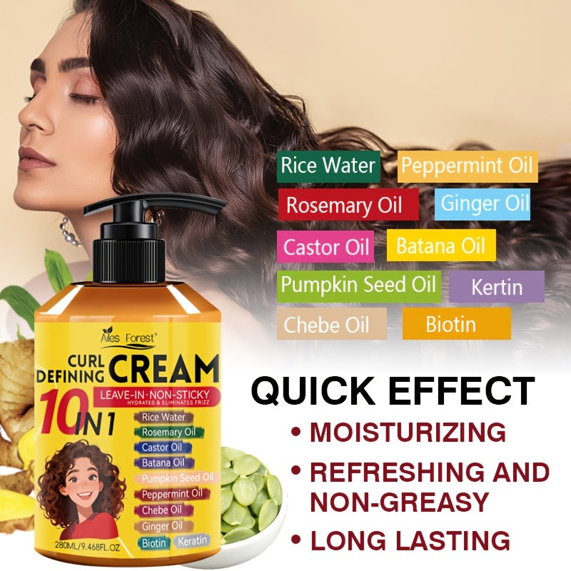 1 Bottle 9.47 oz 10-in-1 Curl Defining Cream | Moisturizing, Leave-in Non-Sticky Styling Cream for Adults - Enhances Curl Definition and Hydrates Hair, Suitable for Normal, Wave, and Curly Hair, Unisex, Fashionable Bottle Design