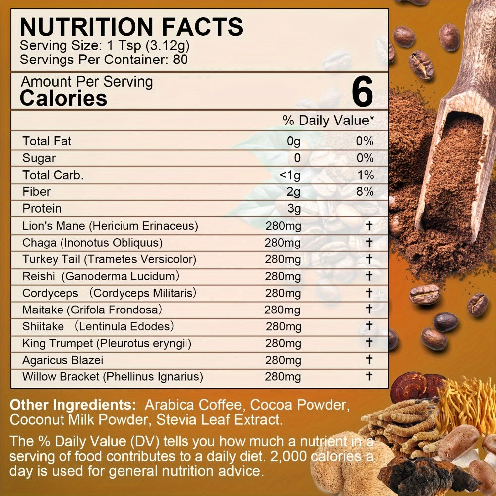 Mushroom Coffee-Instant Coffee Mixed with Ganoderma Lucidum, Cordyceps Sinensis, Lion'S Mane, Chaga And Turkey Tail Mushrooms-250G/8.8Oz