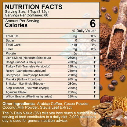 Mushroom Coffee Powder 500g with Reishi Cordyceps Lion's Mane Chaga & Turkey Tail — 5-in-1 Functional Instant Coffee for Focus Energy & Immune Support No Jitters Bold Smooth Flavour