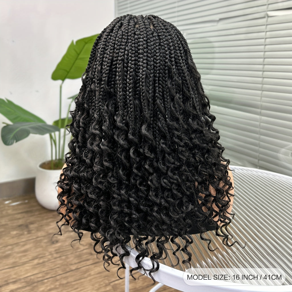 14-16inch Bohemian Style Square Woven Wig - Knotless Goddess Braided Wig with Curly Full Lace Square Synthetic Braid Wig Featuring, Suitable for Women, Natural Black Braided Lace Front Wig.