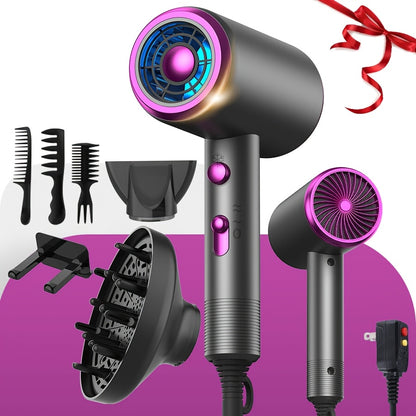 Ionic Hair Dryer 1600W with Diffuser & Concentrator Nozzle 2 Speed 3 Heat Settings ALCI Safety Plug Brushed Motor Portable for Straight Curly Hair Home Travel Salon White Pink Red