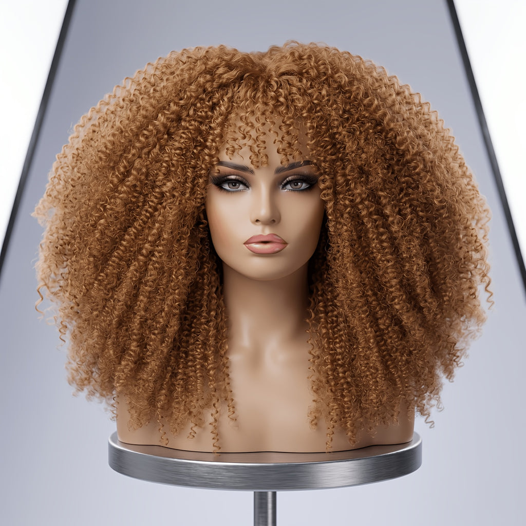 Afro Bomb Curly Wig with Bangs Synthetic Fiber Glueless Long Kinky Curly Hair Wigs, Machine Made Glueless Heat Resistant Synthetic African Wig Ombre Blonde Mixed Color Afro Wigs with Highlight Brown Blonde Red Black Color for Choice