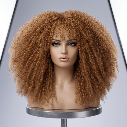 Afro Kinky Curly Wig with Bangs 18 Inch — Glueless Long Synthetic Heat Resistant Hair, Machine Made Natural Afro Bomb Curl Wig in Ombre Blonde Brown Red Black for Women