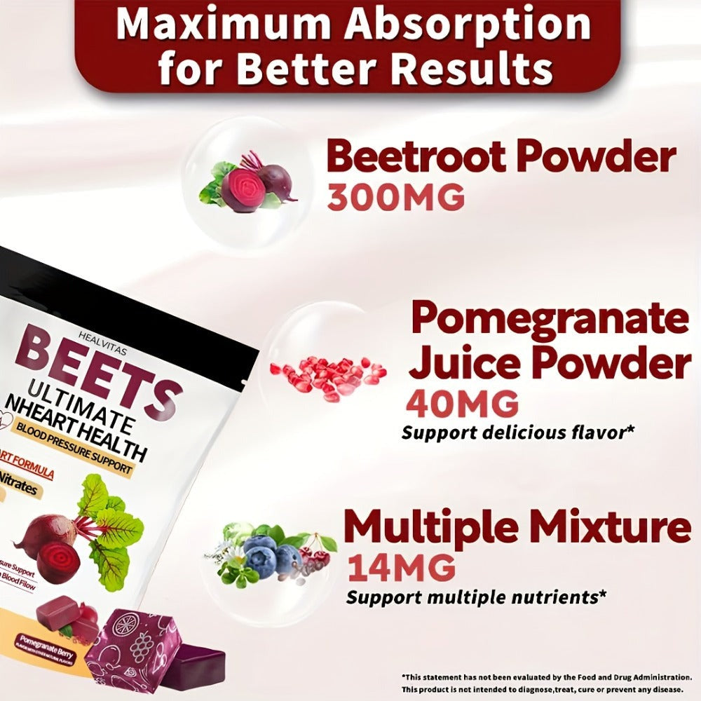 Dietary Supplement in The Form of Beetroot Chewing Tablets - Abundant in Natural Nitrates. A Formula Designed to Support The Circulatory System. Encourages The Production of Nitric Oxide. Contains Concentrated Beetroot Extract. Aids in Sustaining a