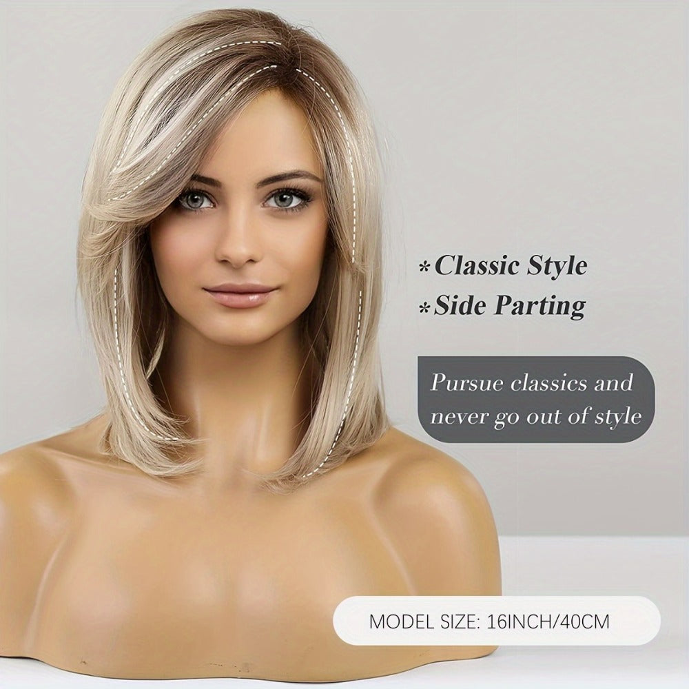 Synthetic Wig Short Straight Platinum Blonde Mixed White Golden 16 Inch Rose Net Cap Adjustable Mechanism Head Cover Women Daily Wear Costume Cosplay Lightweight