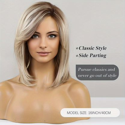 Synthetic Wig Short Straight Platinum Blonde Mixed White Golden 16 Inch Rose Net Cap Adjustable Mechanism Head Cover Women Daily Wear Costume Cosplay Lightweight
