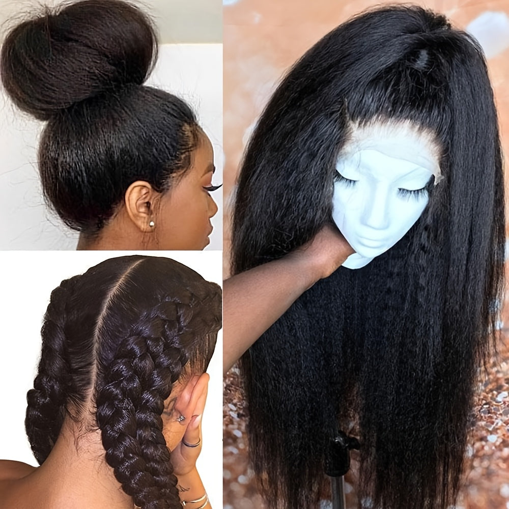 Kinky Straight Black Color Hair Frontal Lace Replacement Wigs | Yaki Straight for Fashion Women, Lace Front, Glueless, Pre Plucked Hairline, 26 Inch, Heat Resistant Soft Fiber, Beginners Friendly, Brand: MAYCAUR