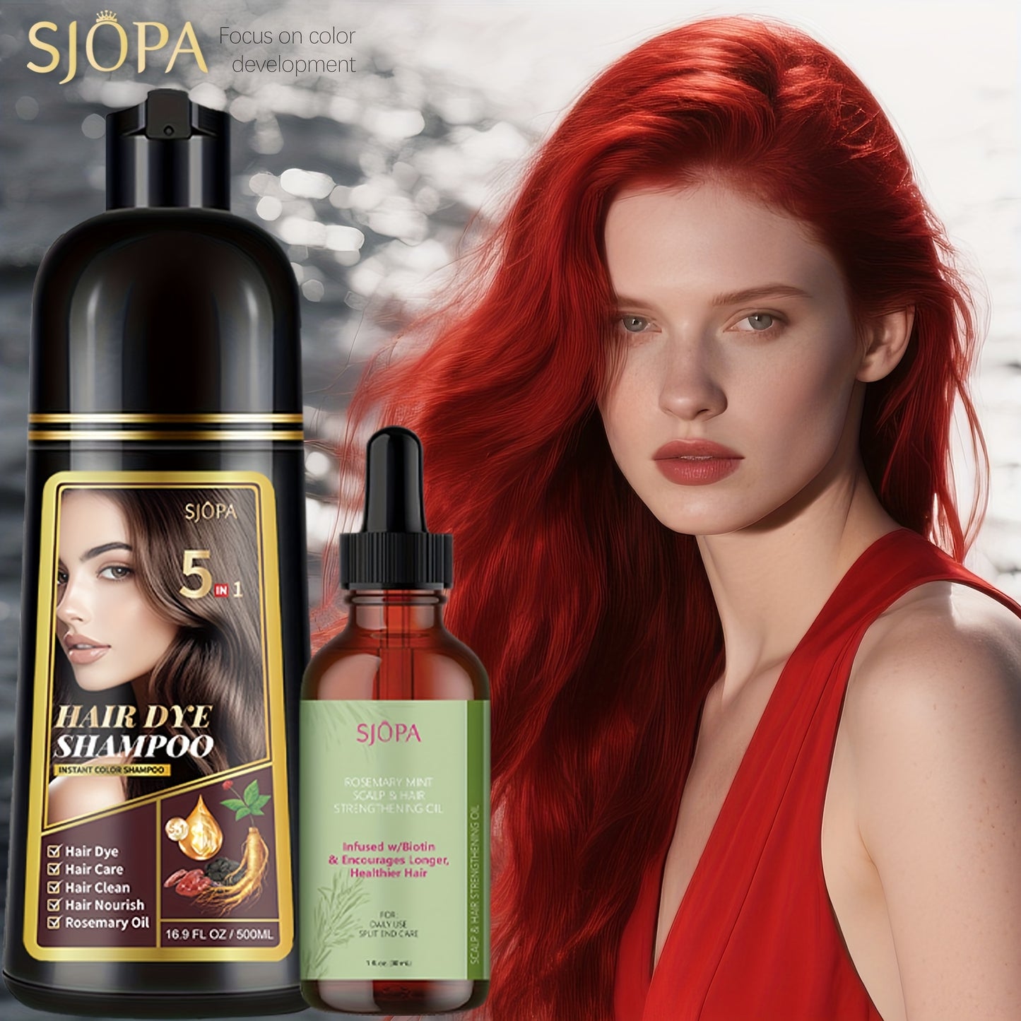 Hair Coloring Shampoo with Rosemary Hair Oil Gift Set — 5-in-1 Color & Care Formula, Moisturizing Glycerin, Gentle Non-Irritating, 16.91 oz Shampoo + Rosemary Oil, 12 Shades Available