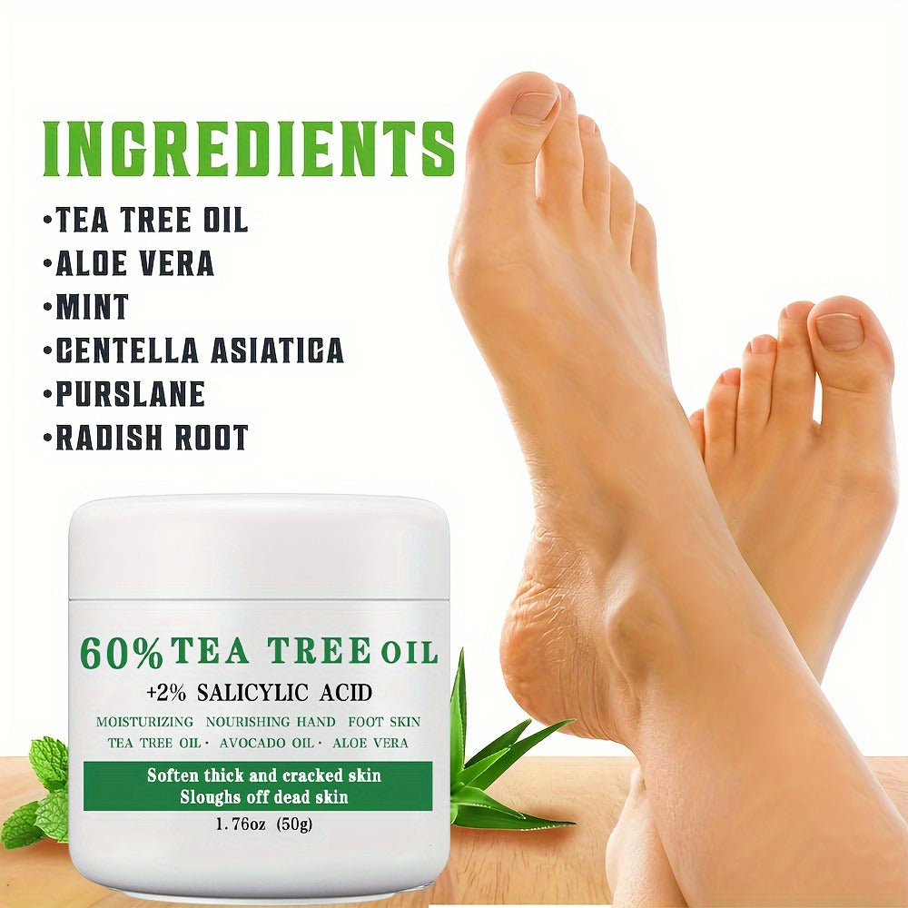 [Christmas Gift] 60% Tea Tree Oil Foot Cream with 2% Salicylic Acid, 1. 76oz (50g), Moisturizing Foot Balm for Dry, Rough, Cracked Beige, Aloe Vera & Mint Infused, Nourishing Hand & Foot Care Gift, Perfect Christmas Gift