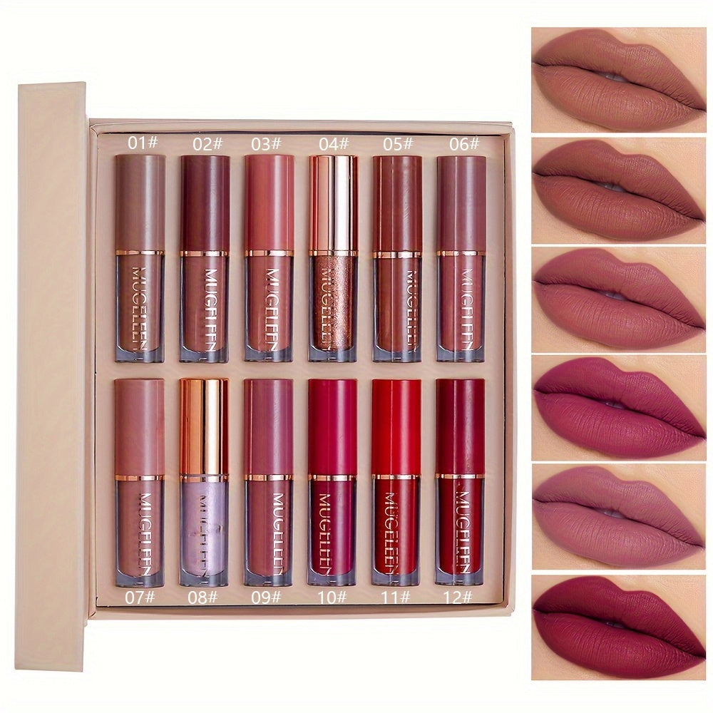 12pcs Lip Gloss Set, Matte Lip Glaze Set, Matte Pearlescent Non-stick Cup, Non-fading Lip Glaze Set Valentine's Day Gift