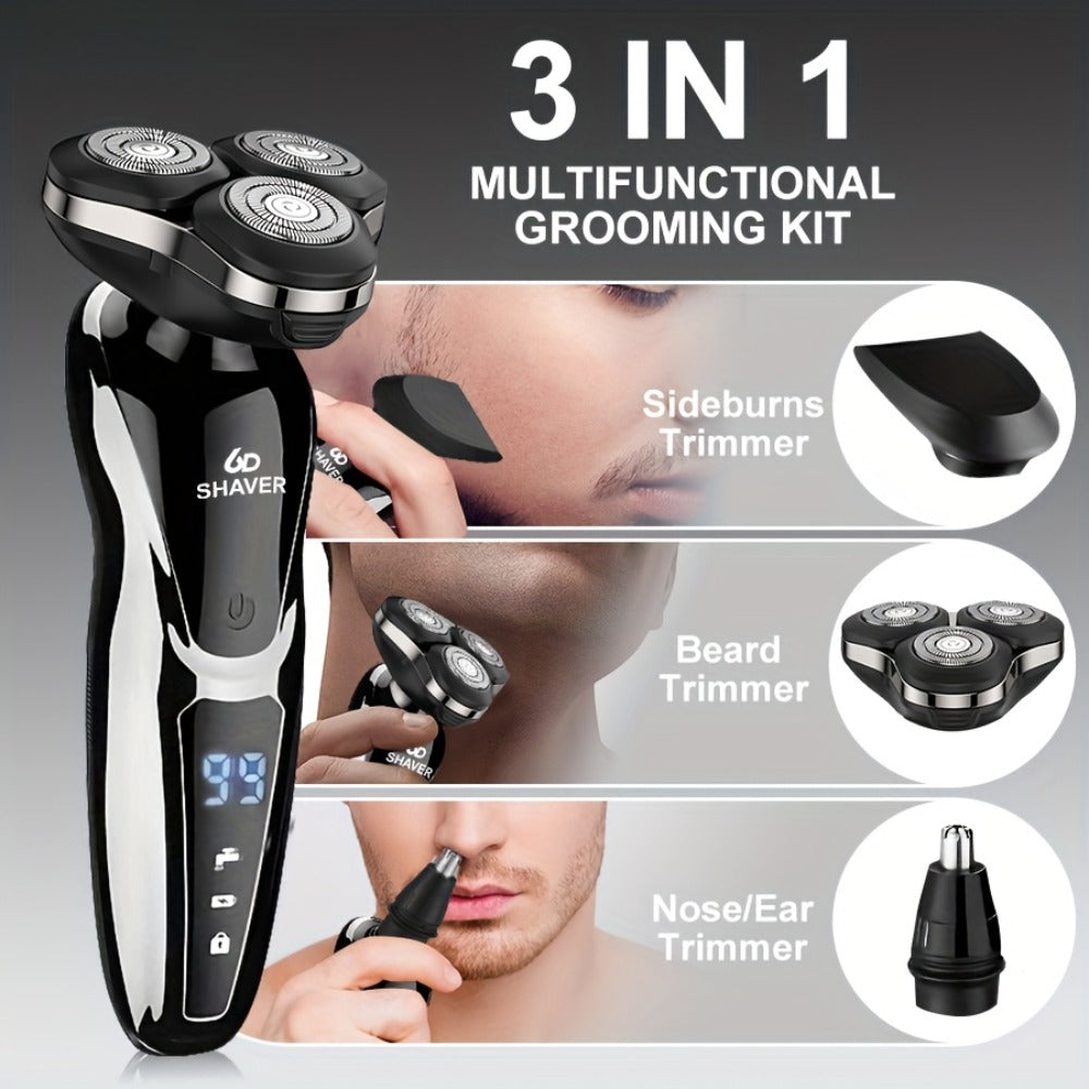 Men' 3-in-1 Electric Razor & Shaver - Portable Beard Trimmer with 3D Floating Blade, Digital Display Suitable for Nose Hair Trimmer, Ear Hair Shaver, Eyebrow Grooming Machine, - Shaving Device