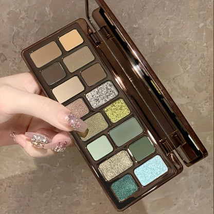 Eyeshadow Palette 16 Colors - Smoky Retro Matte Glitter Pearlescent Shades, Gray Green Earthy Tones with Highlight Blush, Compact Travel