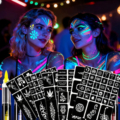 Face Body Paint Pen Set 8 Colors with 105 Tattoo Stencils - Glow in the Dark Neon Face Paint Easy Apply for Party Halloween Festival Stage Body Art