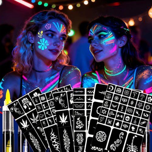 Face Body Paint Pen Set 8 Colors with 105 Tattoo Stencils - Glow in the Dark Neon Face Paint Easy Apply for Party Halloween Festival Stage Body Art