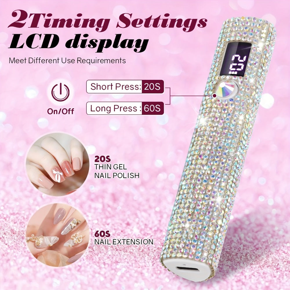 Portable Rhinestone Mini/LED Nail Lamp - USB Rechargeable Single Finger Gel Curing Light with Digital Display, 40-Min Runtime, Compact Travel-Friendly Design for Quick-Dry Nail Art, White, Nail Light, Durable Plastic, DIY Manicure