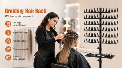 Braiding Hair Rack 144 Pegs — Height Adjustable 2-Side Hair Extension Holder Stand with Tray, Foldable Portable Professional Braiding Station for Salon Home Travel