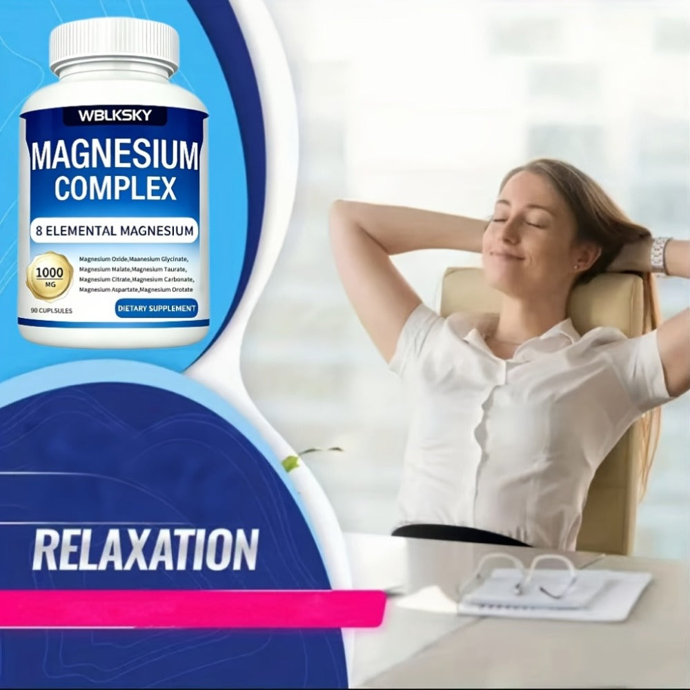 Magnesium Complex Supplement Capsules, Magnesium Glycinate, Compound Magnesium, 1000mg Per Capsule - 8 Forms Of Elemental Magnesium(Glycinate, Citrate, Malate, Orotate, Taurate, Aspartate, Oxide, Carbonate), Helps Improve Mood And Sleep(2 Bottles)