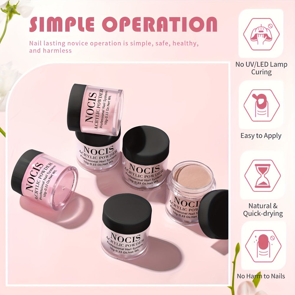 Set of Acrylic Powders in Six Colors, Including Pink And Nude, Designed for Professional 3D Nail Art. Ideal for French Extensions And Suitable for All Seasons, This Kit Does Not Require a Lamp