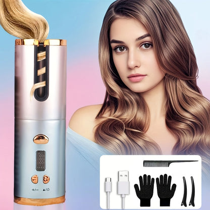 Automatic Hair Curler Cordless USB Rechargeable – Rotating Curling Iron with 6 Heat Settings, LCD Display, Auto Shut-Off, Storage Bag & Hair Clips Included